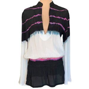 NWT MONIQUE LESHMAN Silk Tunic Top Sz.M White Black Pink Tie Dye Beach Cover-Up